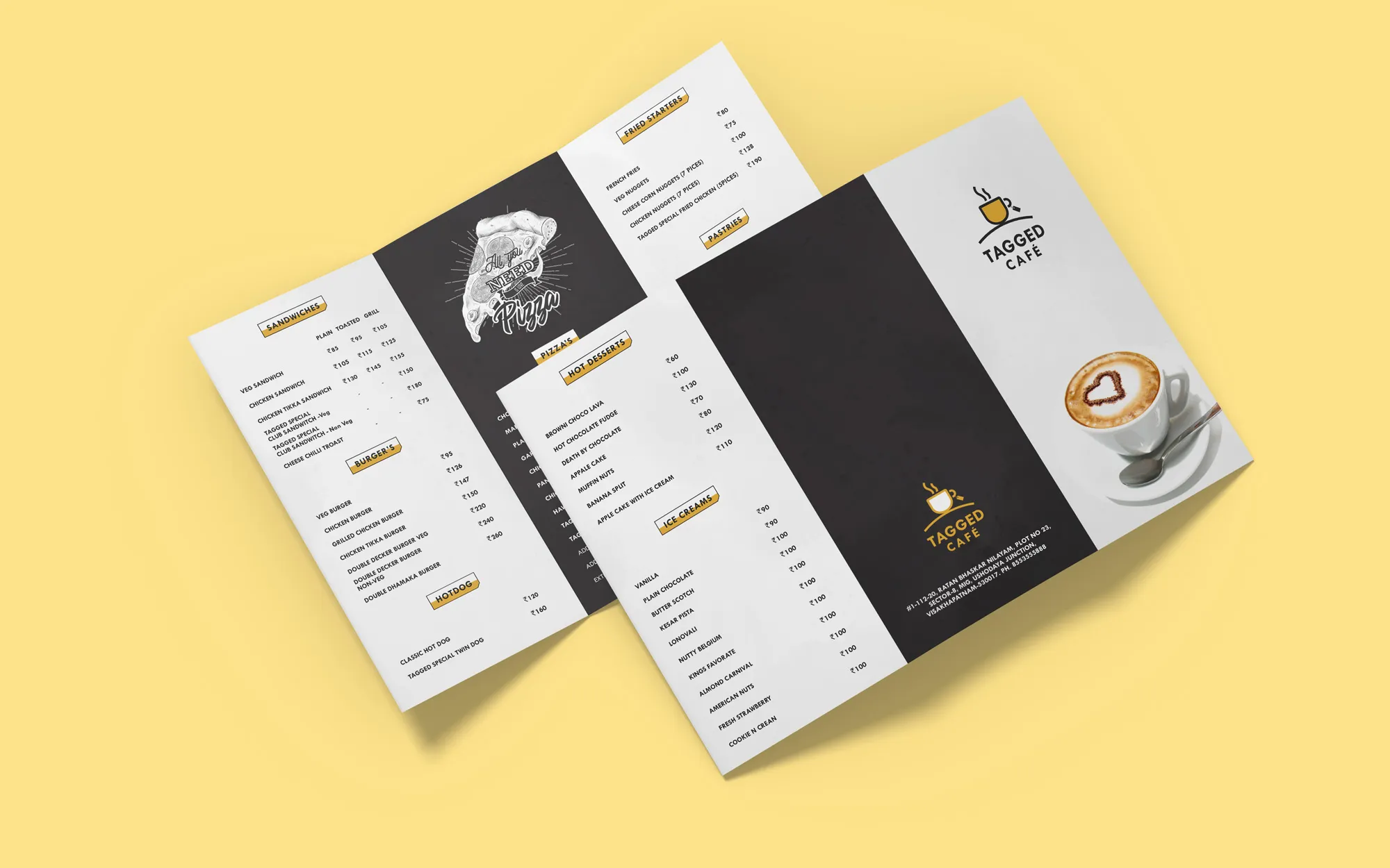 restaurant branding, coffee shop menu design, food logo design agency, tagged cafe logo, restaurant brochure design, menu design, restaurant flyer design, design first agency visakhapatnam, coffee shop logo, coffee shop branding